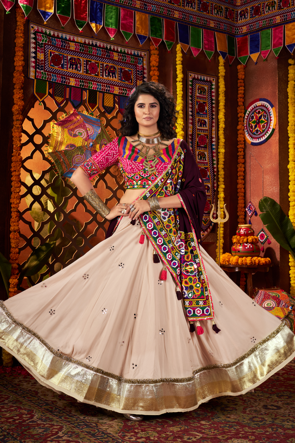 BEIGE VISCOSE COTTON NAVRATRI LEHENGA CHOLI WITH MIRROR WORK