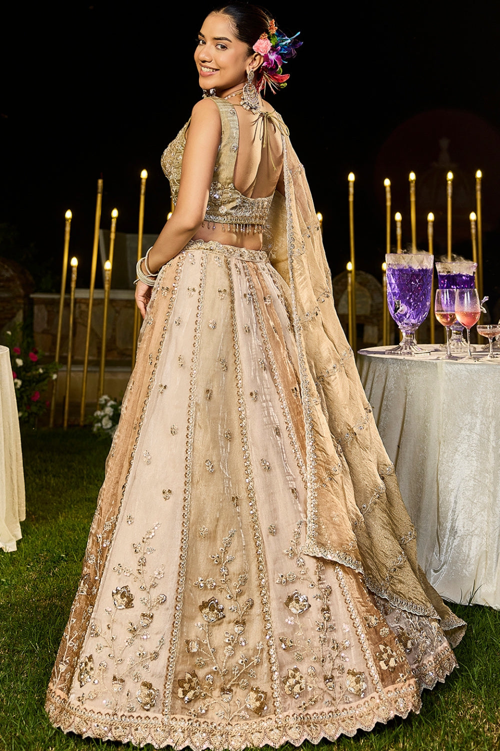 BEIGE SATIN SILK LEHENGA CHOLI WITH CUTDANA AND SEQUINS