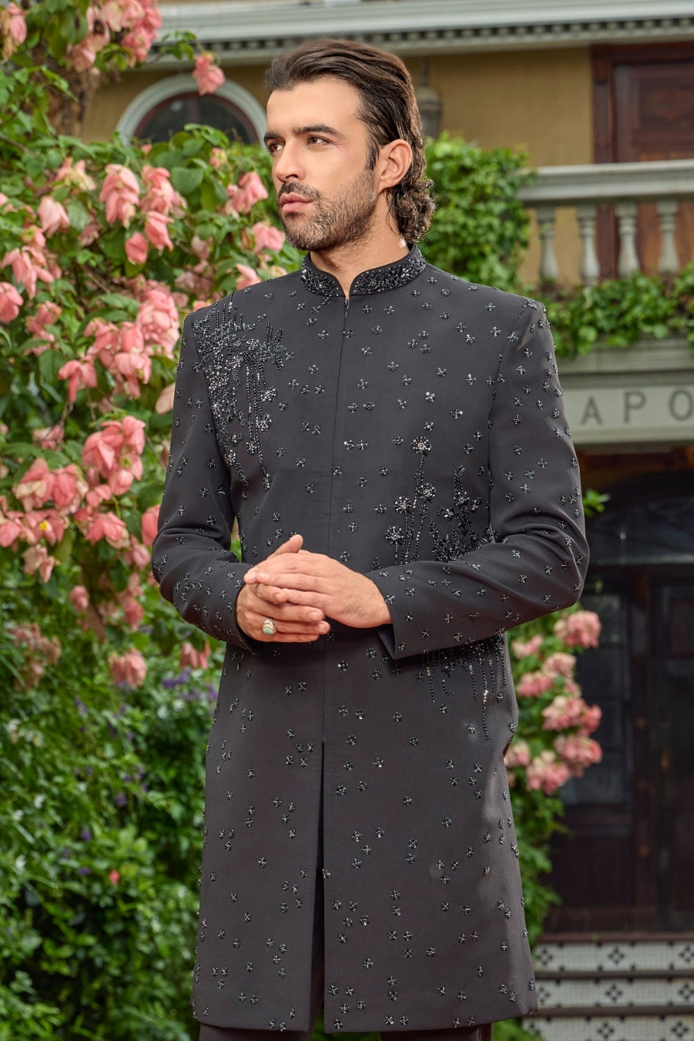 BLACK IMPORTED INDO WESTERN WITH CUTDANA AND BEADS