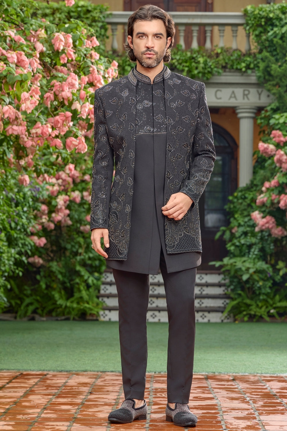 BLACK IMPORTED INDO WESTERN WITH CUTDANA AND MOTI WORK