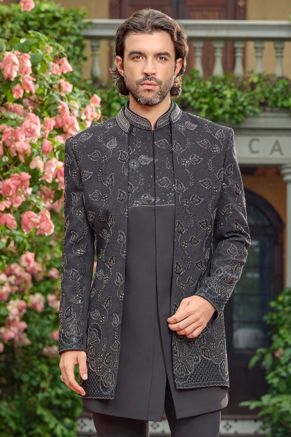 BLACK IMPORTED INDO WESTERN WITH CUTDANA AND MOTI WORK