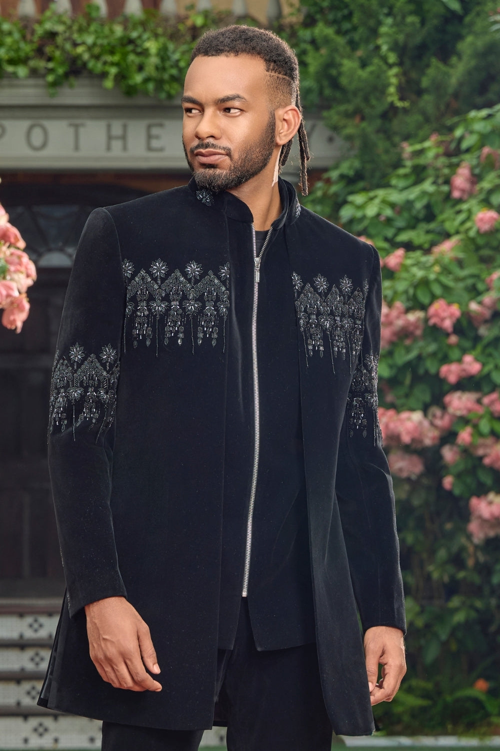 BLACK IMPORTED INDO WESTERN WITH CUTDANA AND MOTI