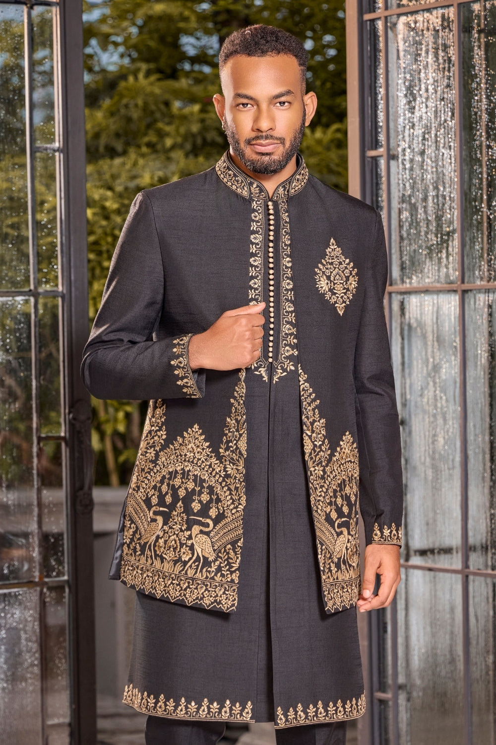 BLACK RAW SILK INDO WESTERN WITH EMBROIDERY AND MIRROR