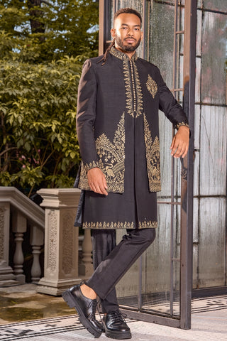 Black Raw Silk Indo Western With Embroidery And Mirror