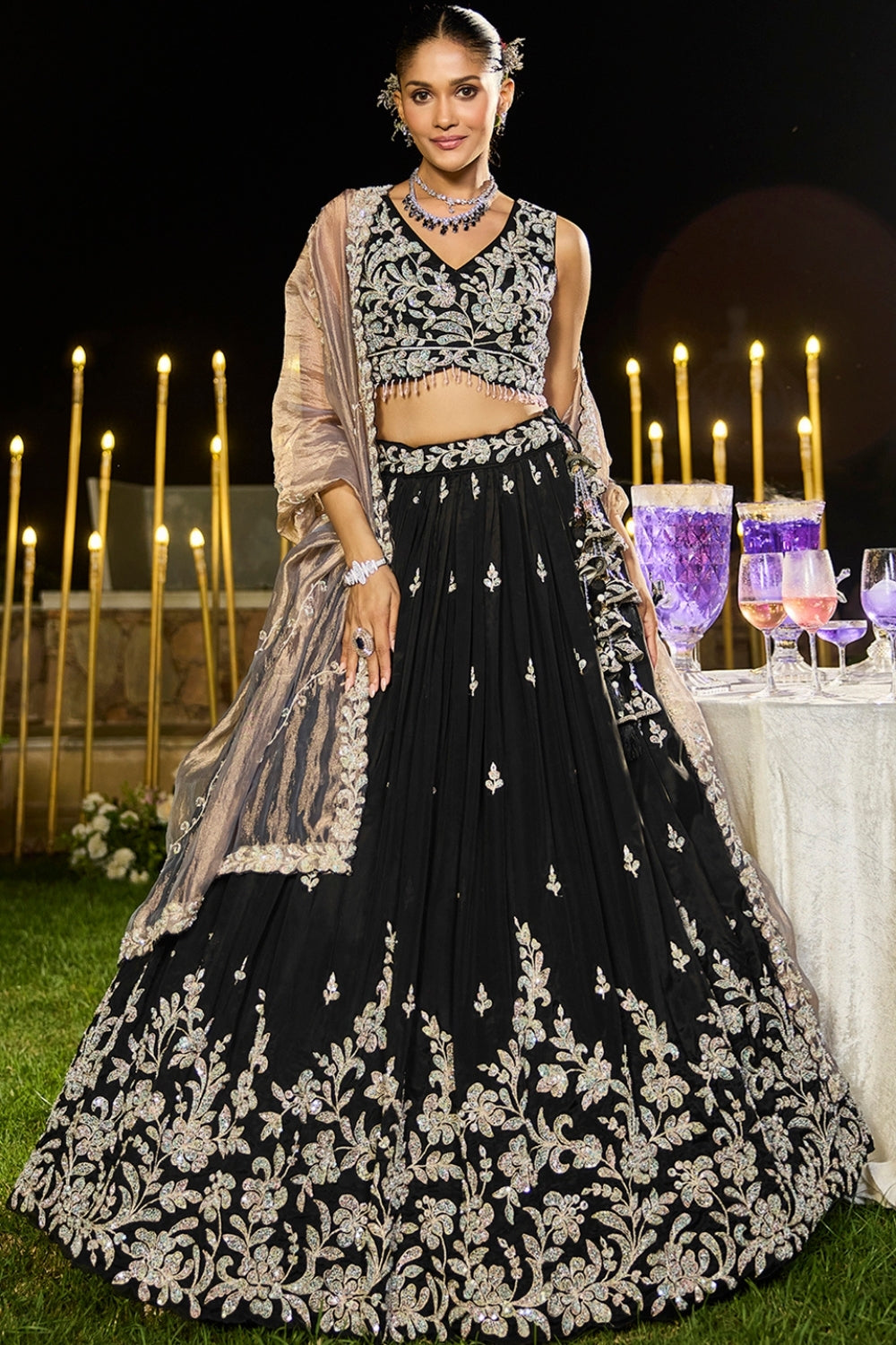 BLACK SATIN SILK LEHENGA CHOLI WITH CUTDANA AND EMBROIDERY