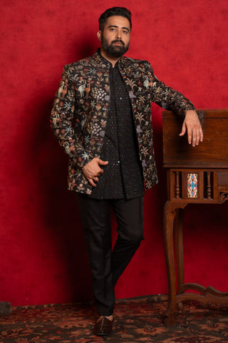 Black Silk Indo-Western With Sequins And Resham Embroidery