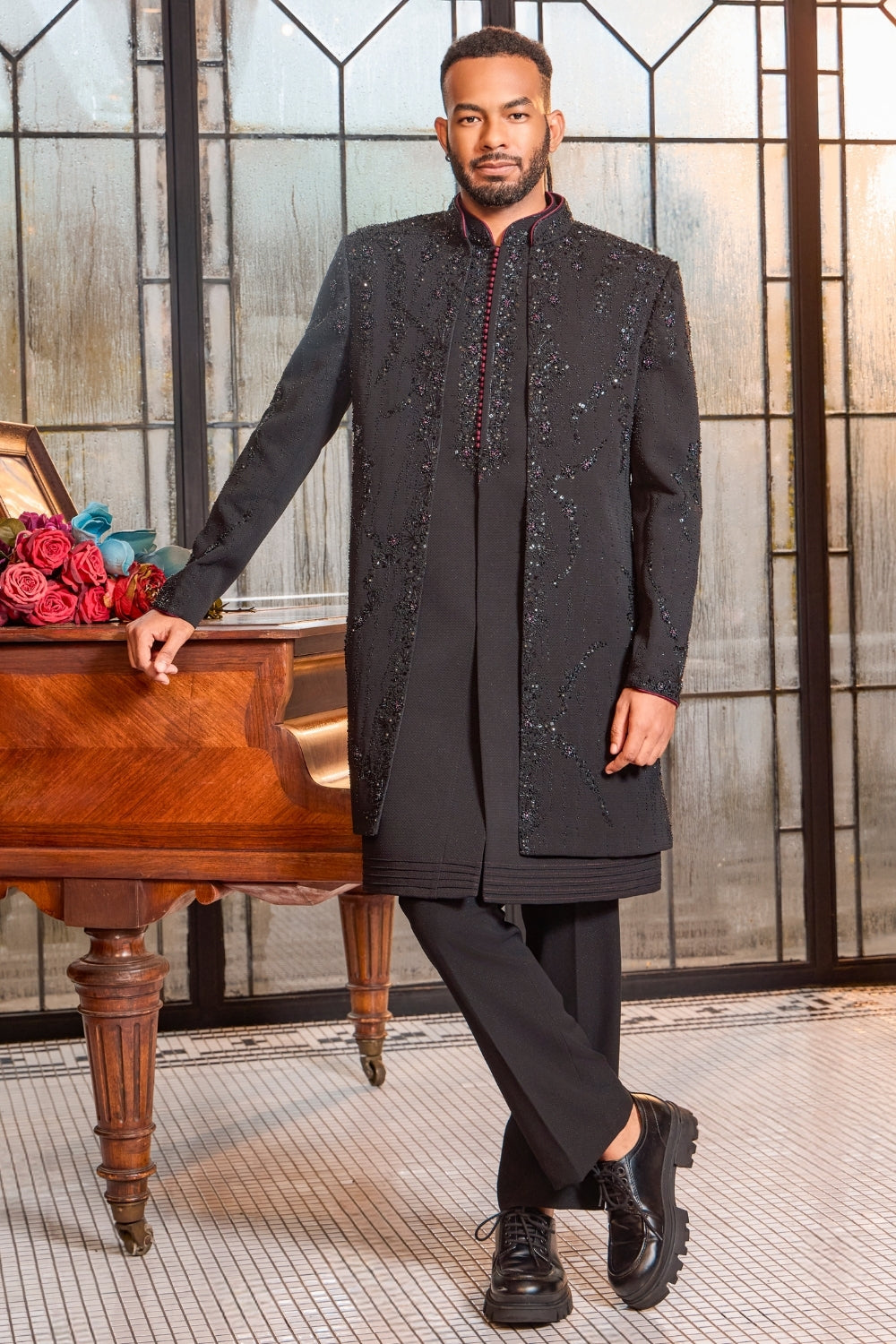 BLACK SILK INDO WESTERN WITH CUTDANA AND MOTI