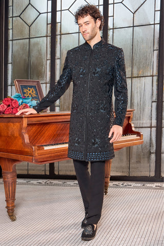 Black Silk Indo Western With Cutdana And Sequins