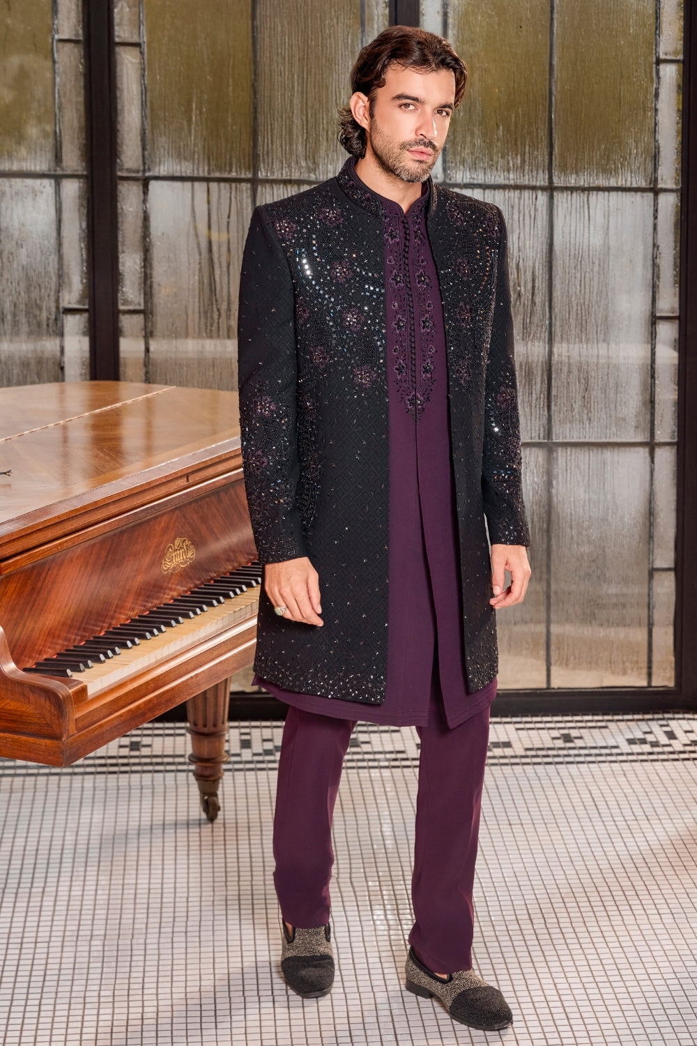 BLACK SILK INDO WESTERN WITH MOTI AND EMBROIDERY