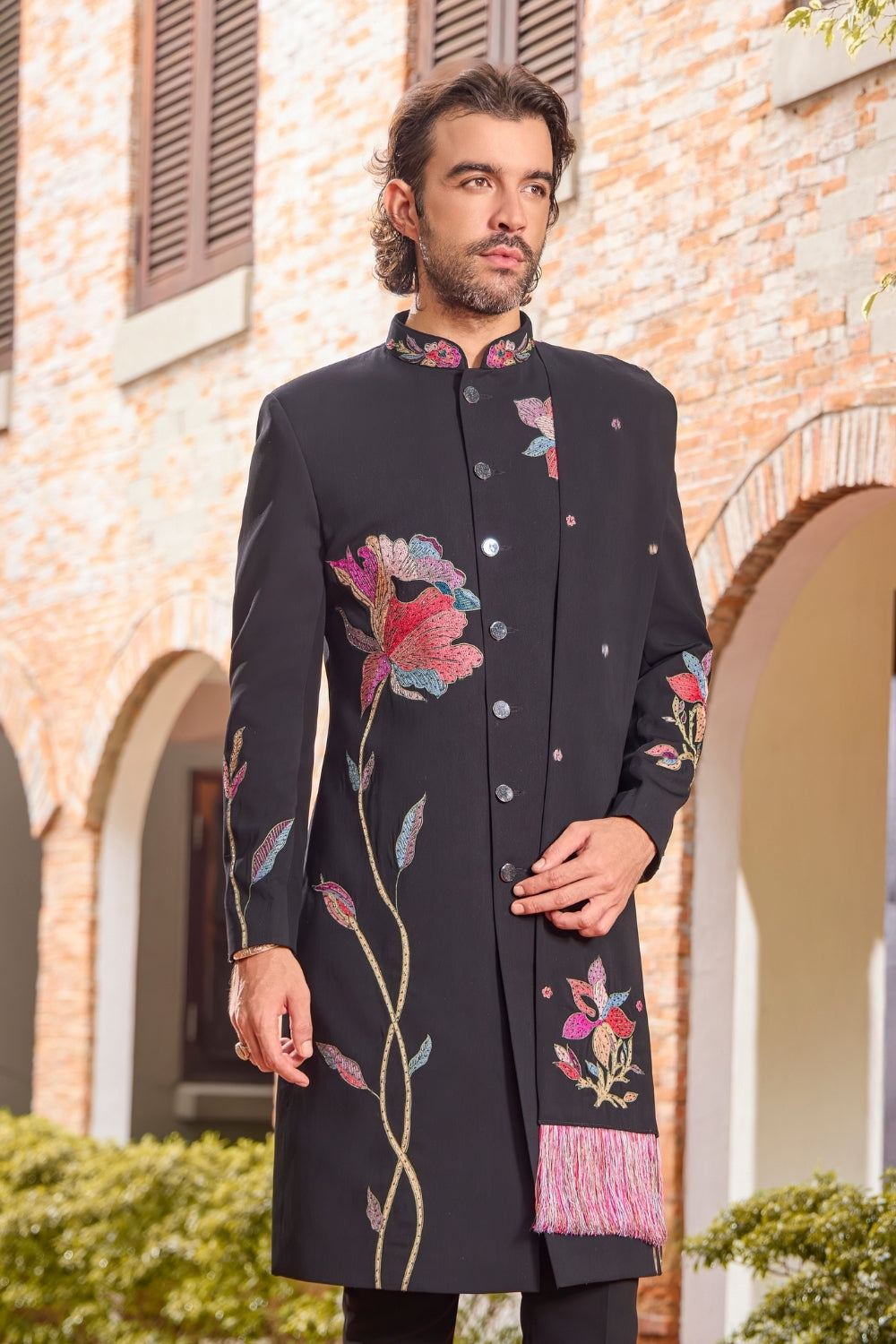 BLACK SILK INDO WESTERN WITH RESHAM EMBROIDERY AND SEQUINS