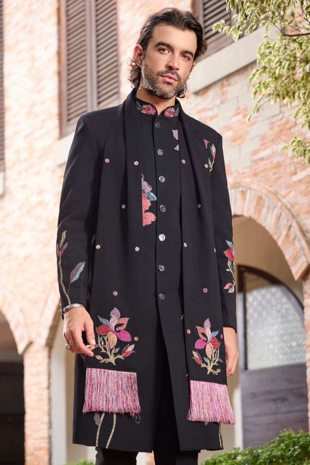 BLACK SILK INDO WESTERN WITH RESHAM EMBROIDERY AND SEQUINS