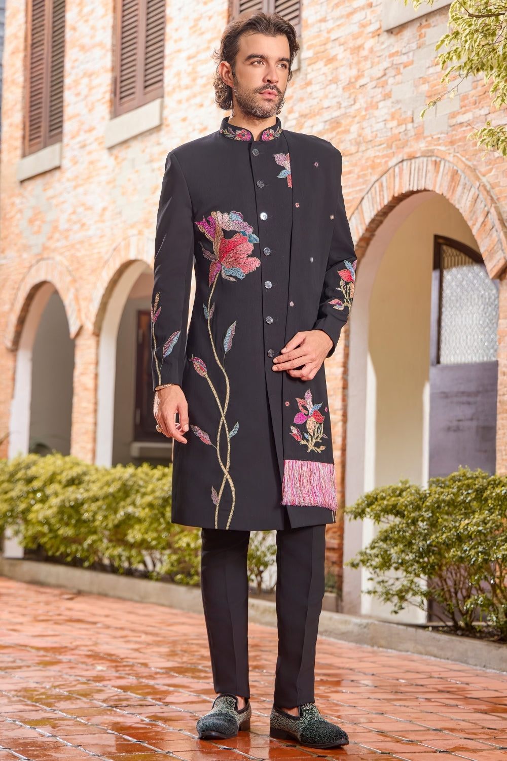 BLACK SILK INDO WESTERN WITH RESHAM EMBROIDERY AND SEQUINS
