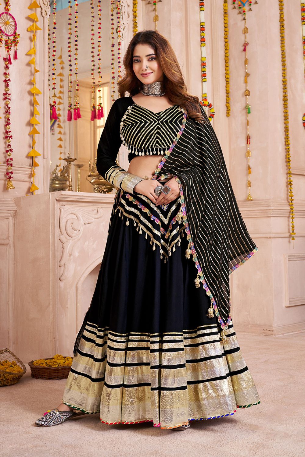BLACK VISCOSE COTTON NAVRATRI LEHENGA CHOLI WITH GAMTHI LACE