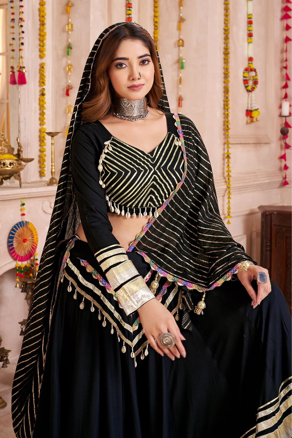 BLACK VISCOSE COTTON NAVRATRI LEHENGA CHOLI WITH GAMTHI LACE
