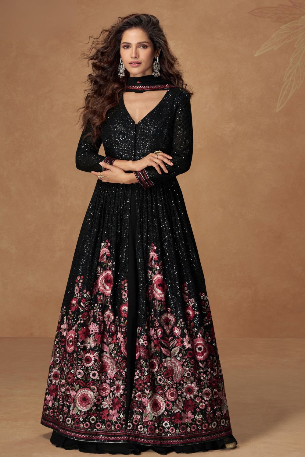 BLACK GEORGETTE ANARKALI SUIT WITH SEQUINS AND EMBROIDERY