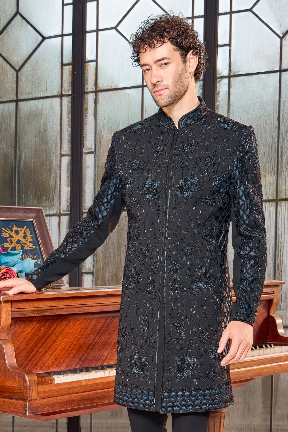 BLACK SILK INDO WESTERN WITH CUTDANA AND SEQUINS