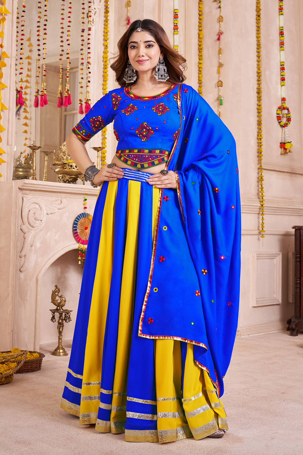 BLUE AND YELLOW VISCOSE COTTON NAVRATRI LEHENGA CHOLI WITH THREAD AND MIRROR WORK
