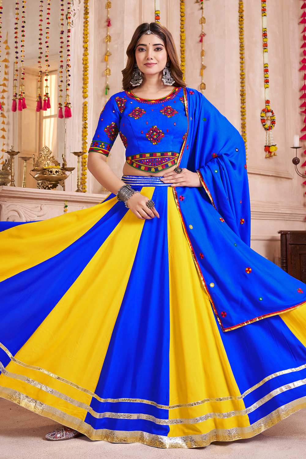 BLUE AND YELLOW VISCOSE COTTON NAVRATRI LEHENGA CHOLI WITH THREAD AND MIRROR WORK