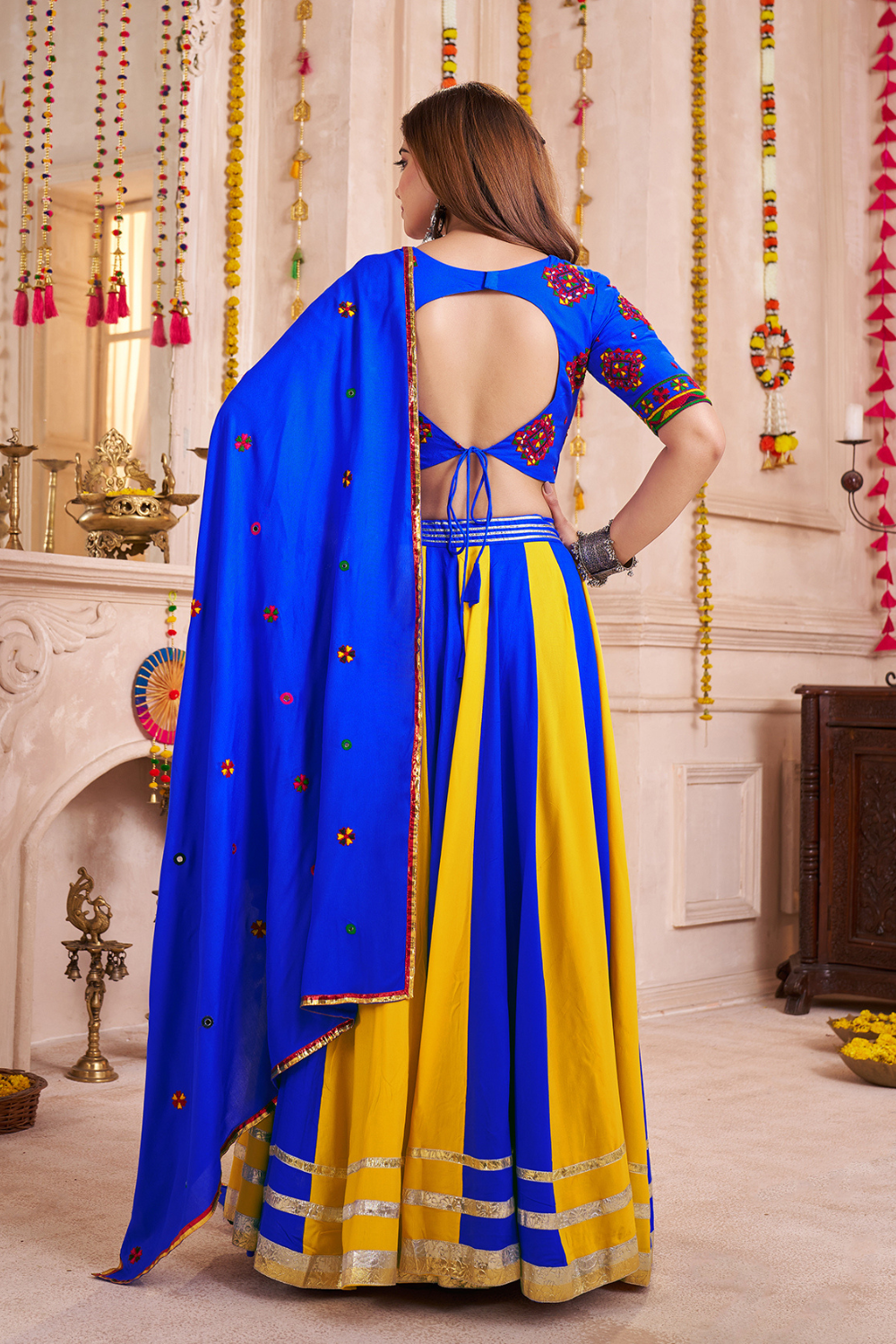 BLUE AND YELLOW VISCOSE COTTON NAVRATRI LEHENGA CHOLI WITH THREAD AND MIRROR WORK