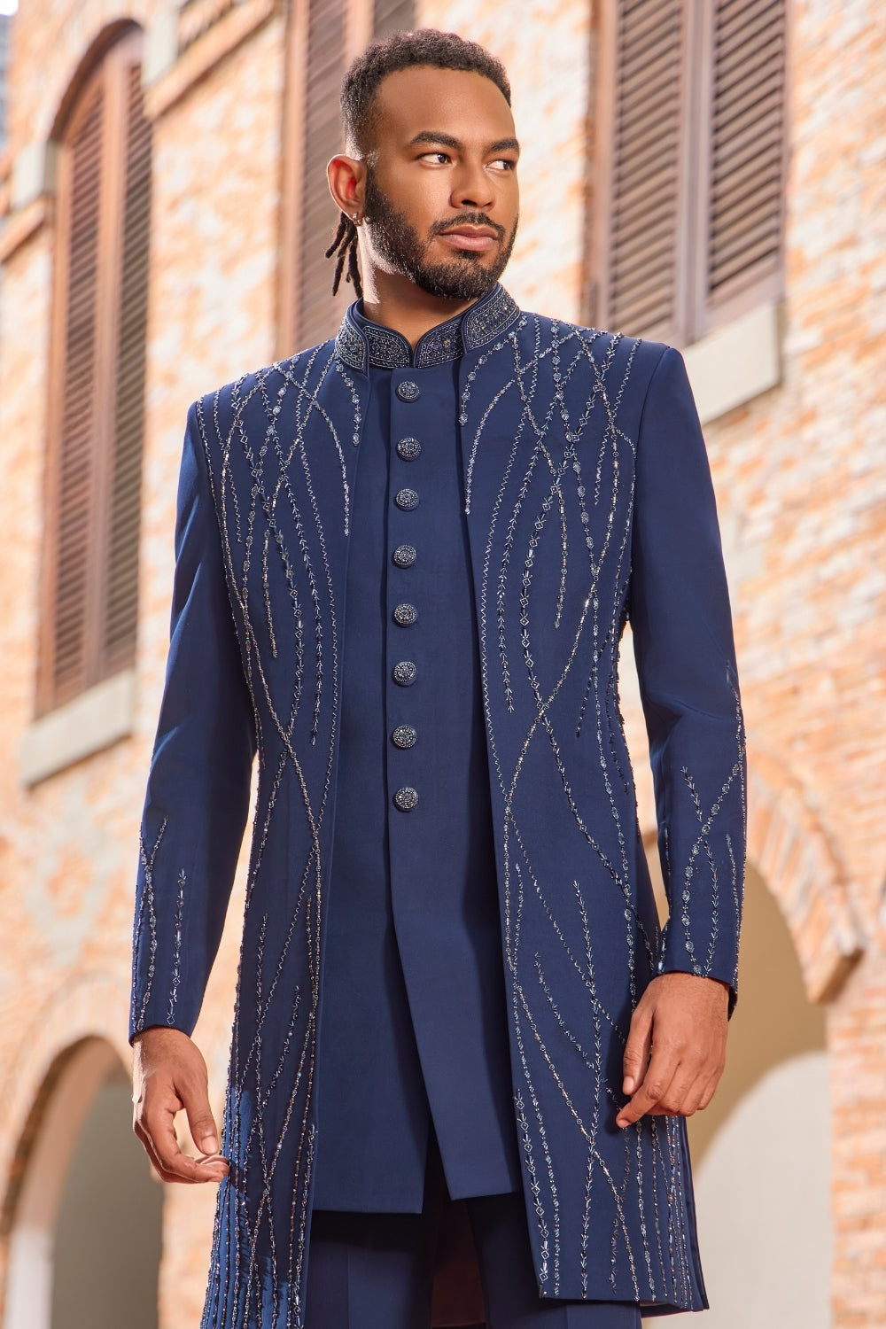 BLUE IMPORTED INDO WESTERN WITH CUTDANA AND MOTI
