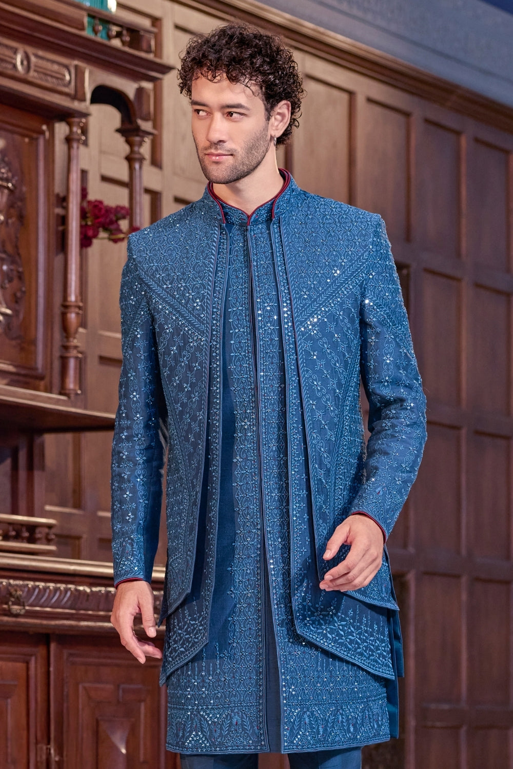 BLUE SILK INDO WESTERN WITH EMBROIDERY AND MOTI