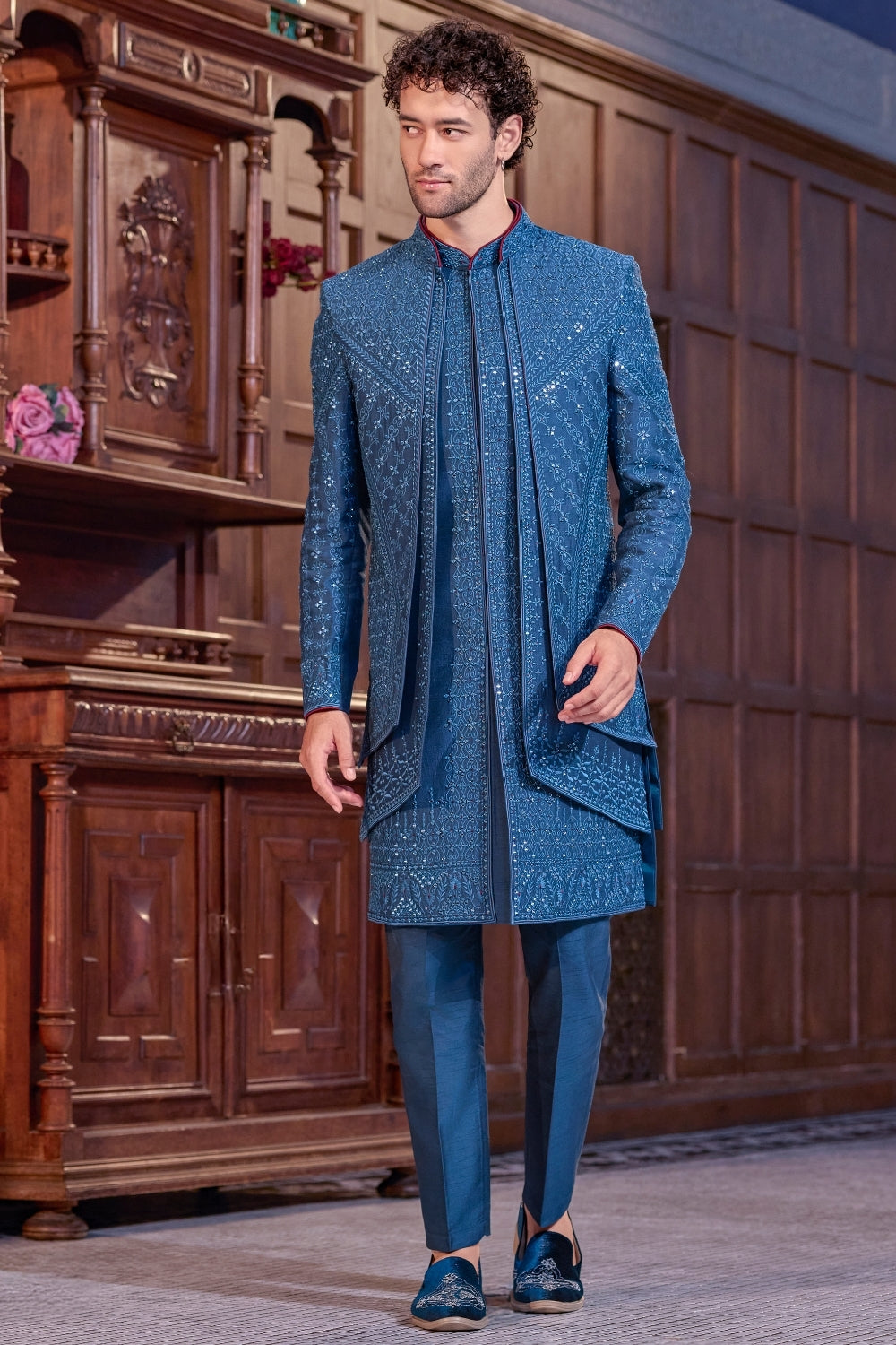 BLUE SILK INDO WESTERN WITH EMBROIDERY AND MOTI