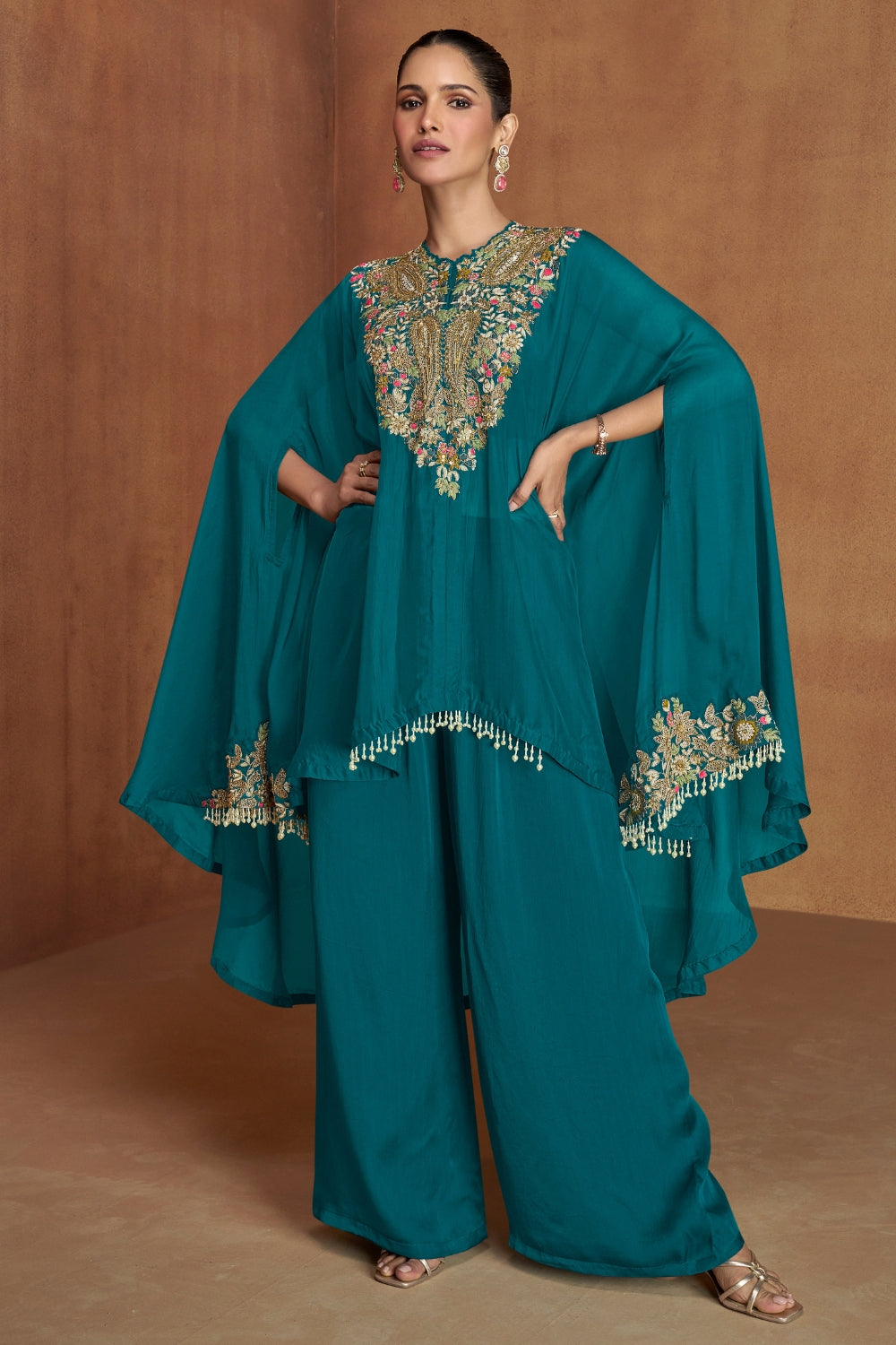 BLUE SILK PALAZZO SUIT WITH ZARDOHI AND BEADS