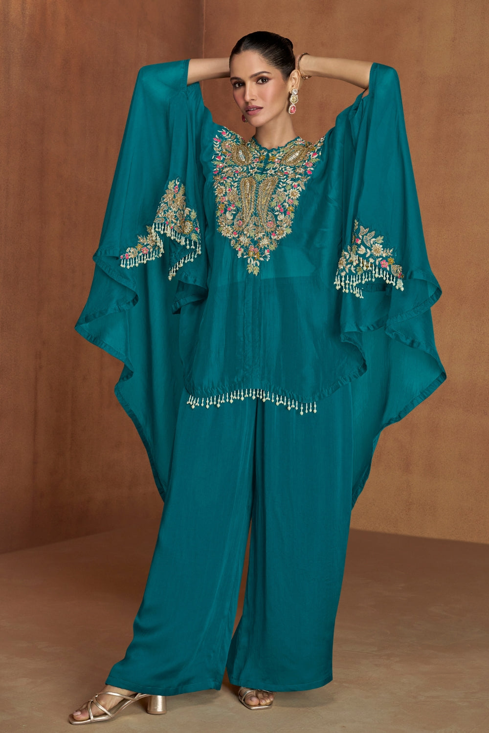 BLUE SILK PALAZZO SUIT WITH ZARDOHI AND BEADS