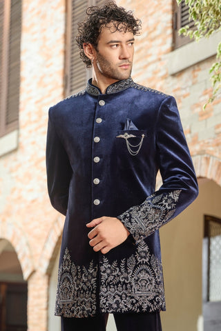 Blue Velvet Indo Western With Cutdana And Moti
