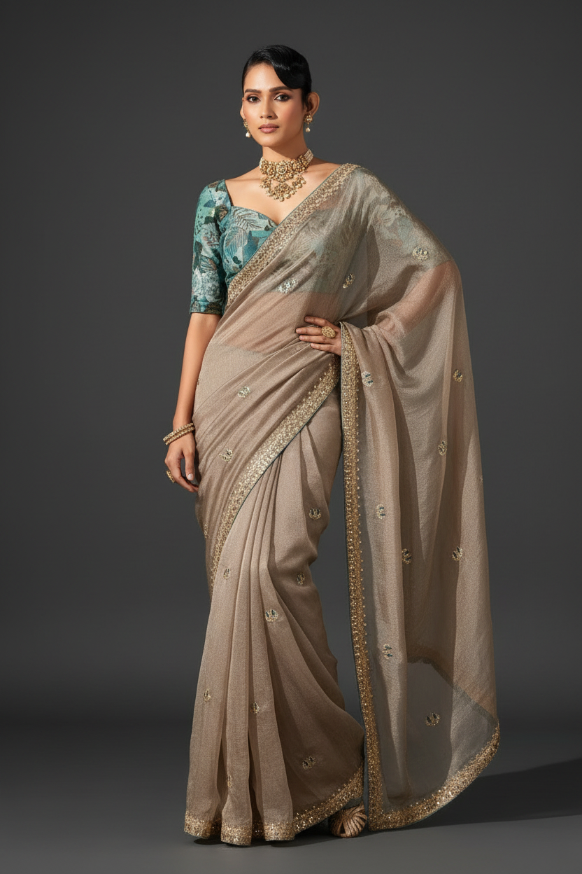 BROWN SAREE WITH SEQUINS AND EMBROIDERY