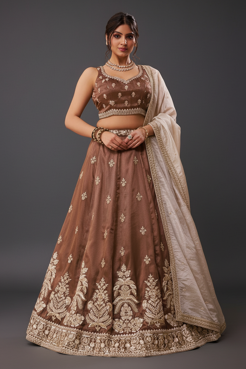 BROWN TISSUE LEHENGA CHOLI WITH MOTI AND RESHAM EMBROIDERY
