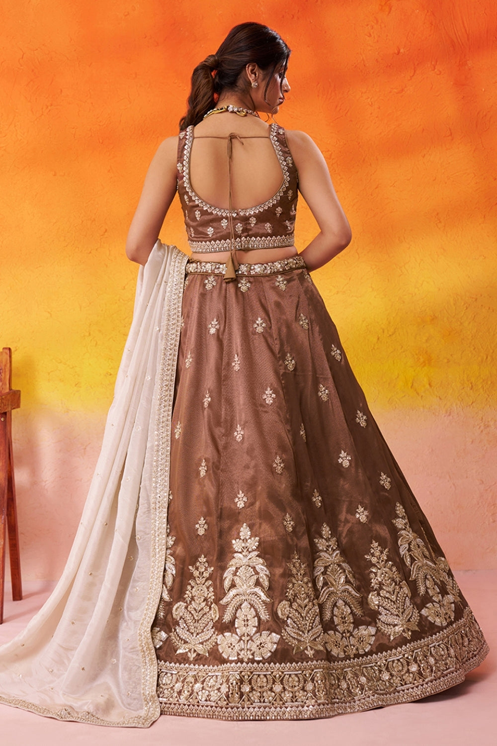 BROWN TISSUE LEHENGA CHOLI WITH MOTI AND RESHAM EMBROIDERY