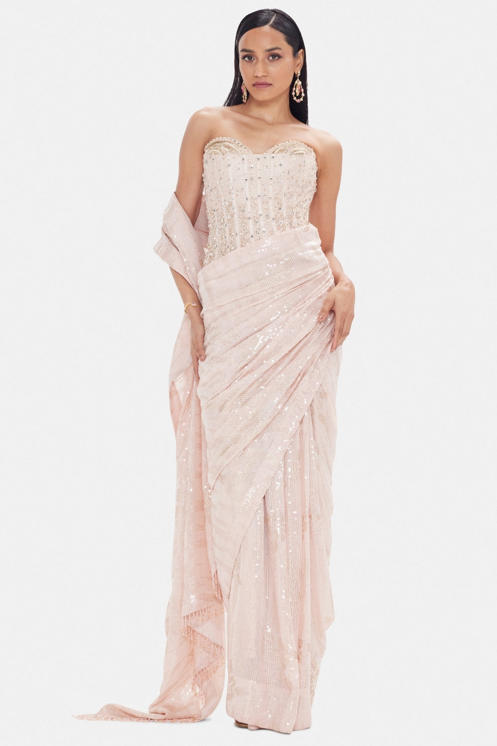 Baby Pink Georgette Drape Co-ord Set Saree with Cutdana and Sequins Work