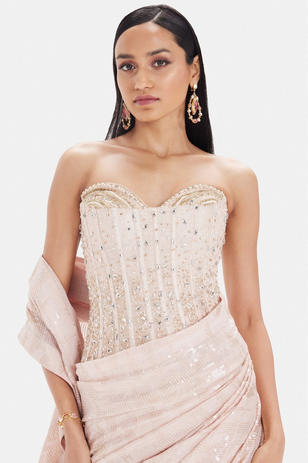 Baby Pink Georgette Drape Co-ord Set Saree with Cutdana and Sequins Work