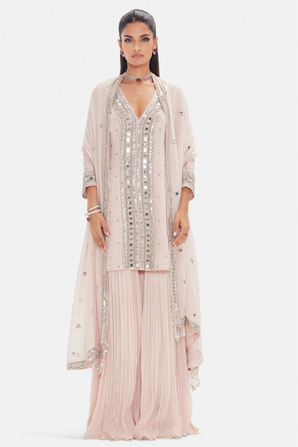 Baby Pink Organza Sharara Set with Mirror and Moti Work