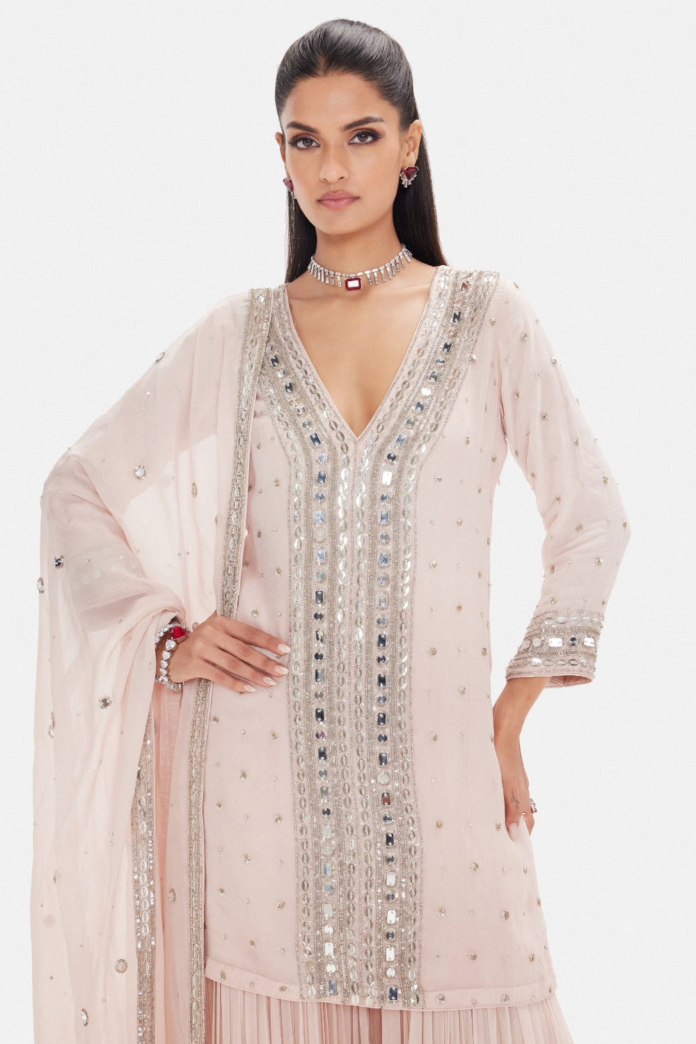 Baby Pink Organza Sharara Set with Mirror and Moti Work
