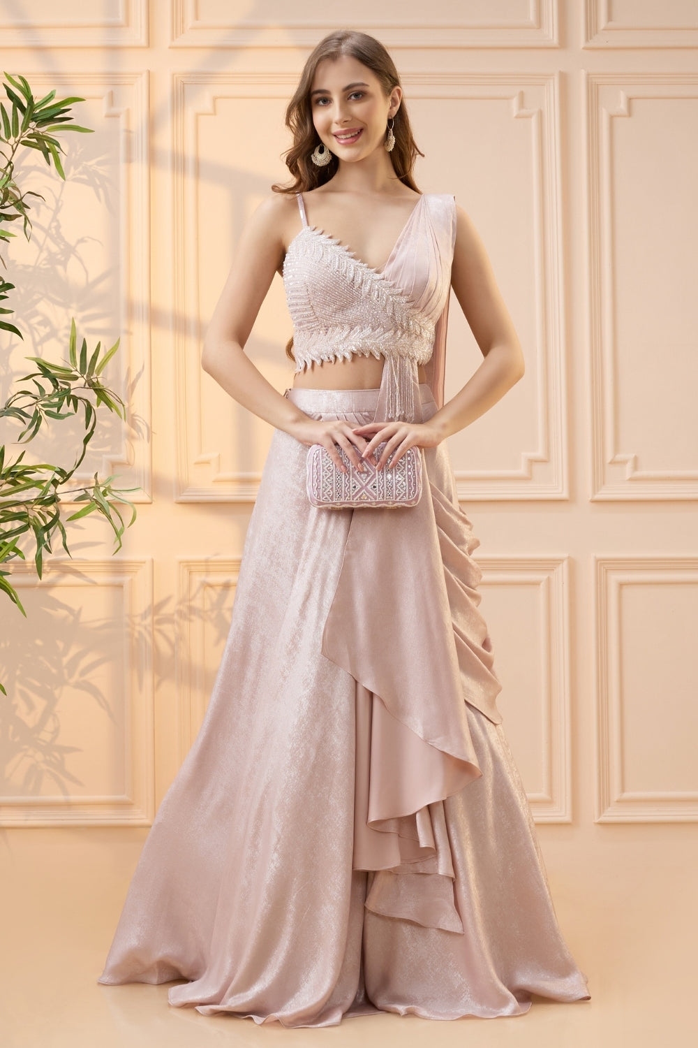 Baby Pink Simmar Silk Lehenga Set with Cutdana and Moti Work