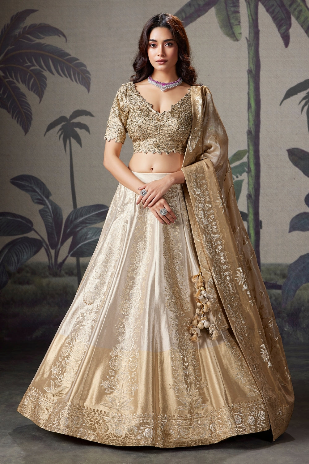 Beige Banarasi Silk Lehenga with Cutdana and Sequin