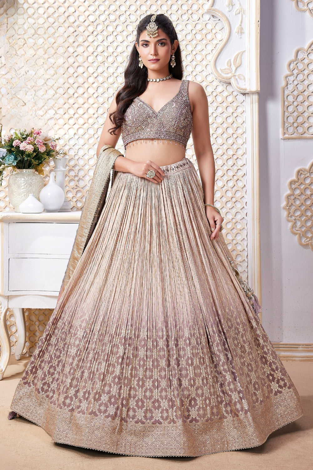 Beige Chinon Lehenga Set with Mirror and Cutdana Work