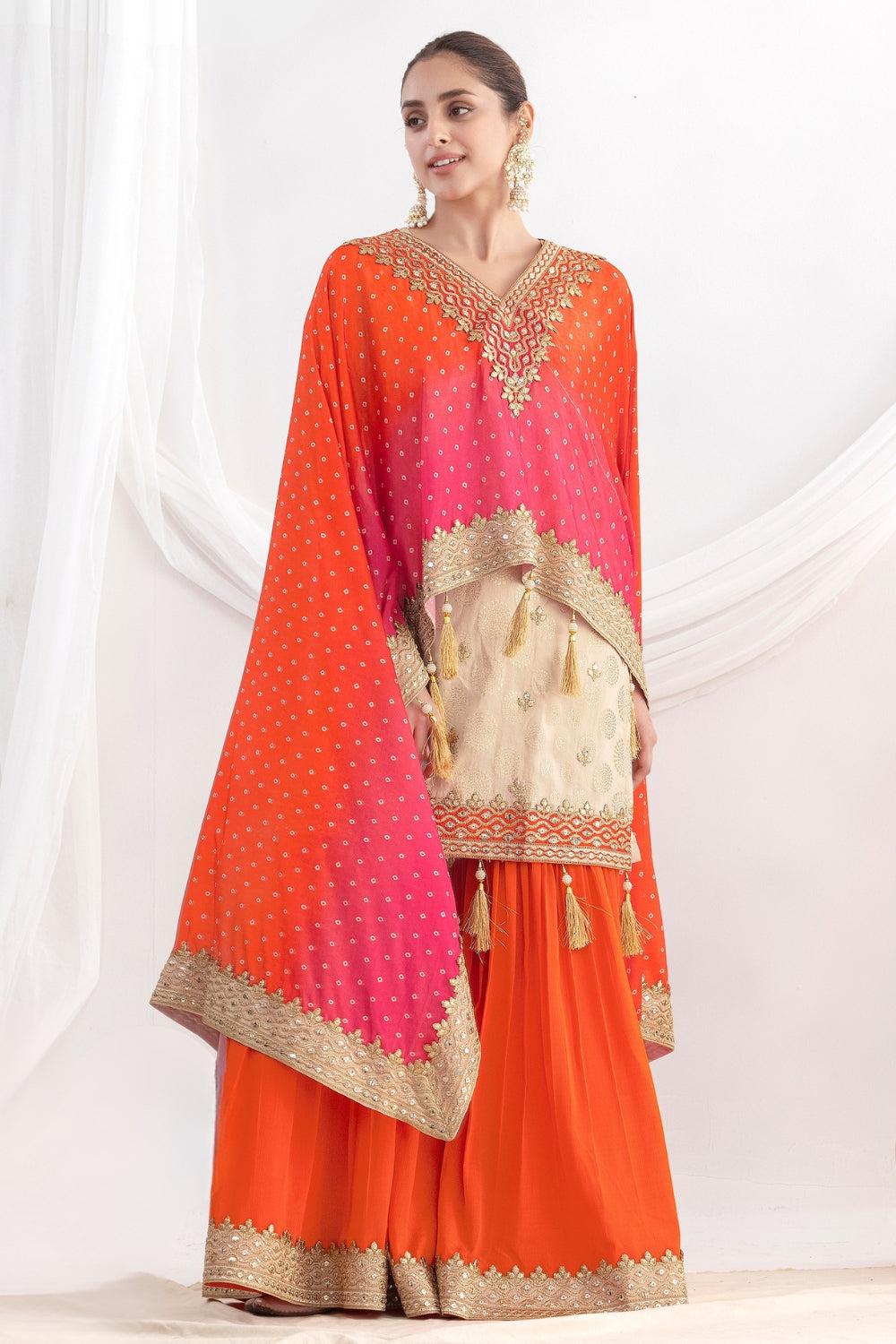 Beige Chinon Palazzo Set with Embroidery and Sequins Work