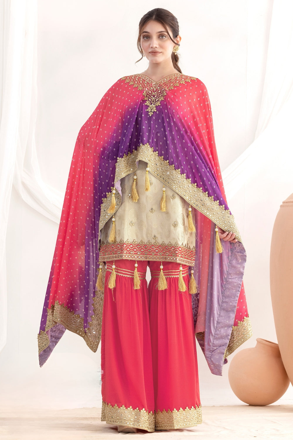 Beige Chinon Palazzo Set with Sequins and Resahm Embroidery Work