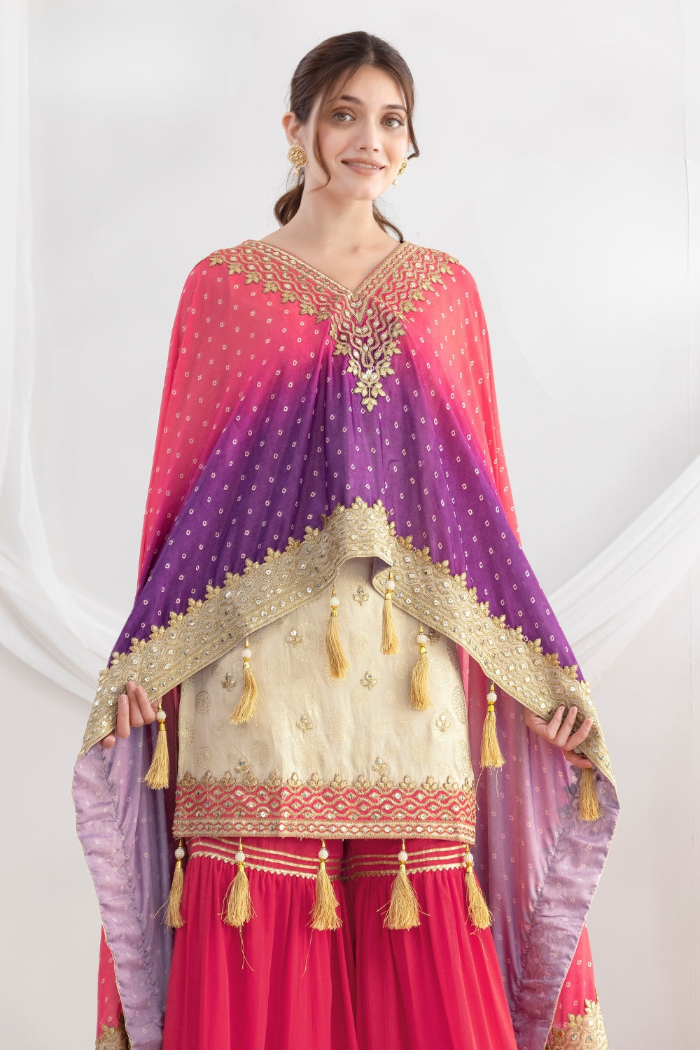 Beige Chinon Palazzo Set with Sequins and Resahm Embroidery Work