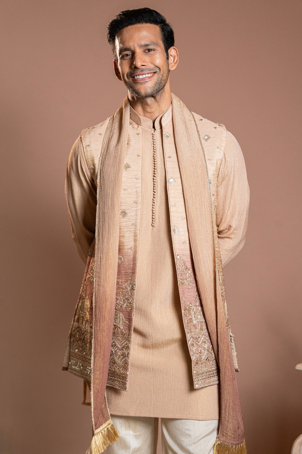 Beige Crepe Tissue Koti Set with Sequins and Embroidery Work