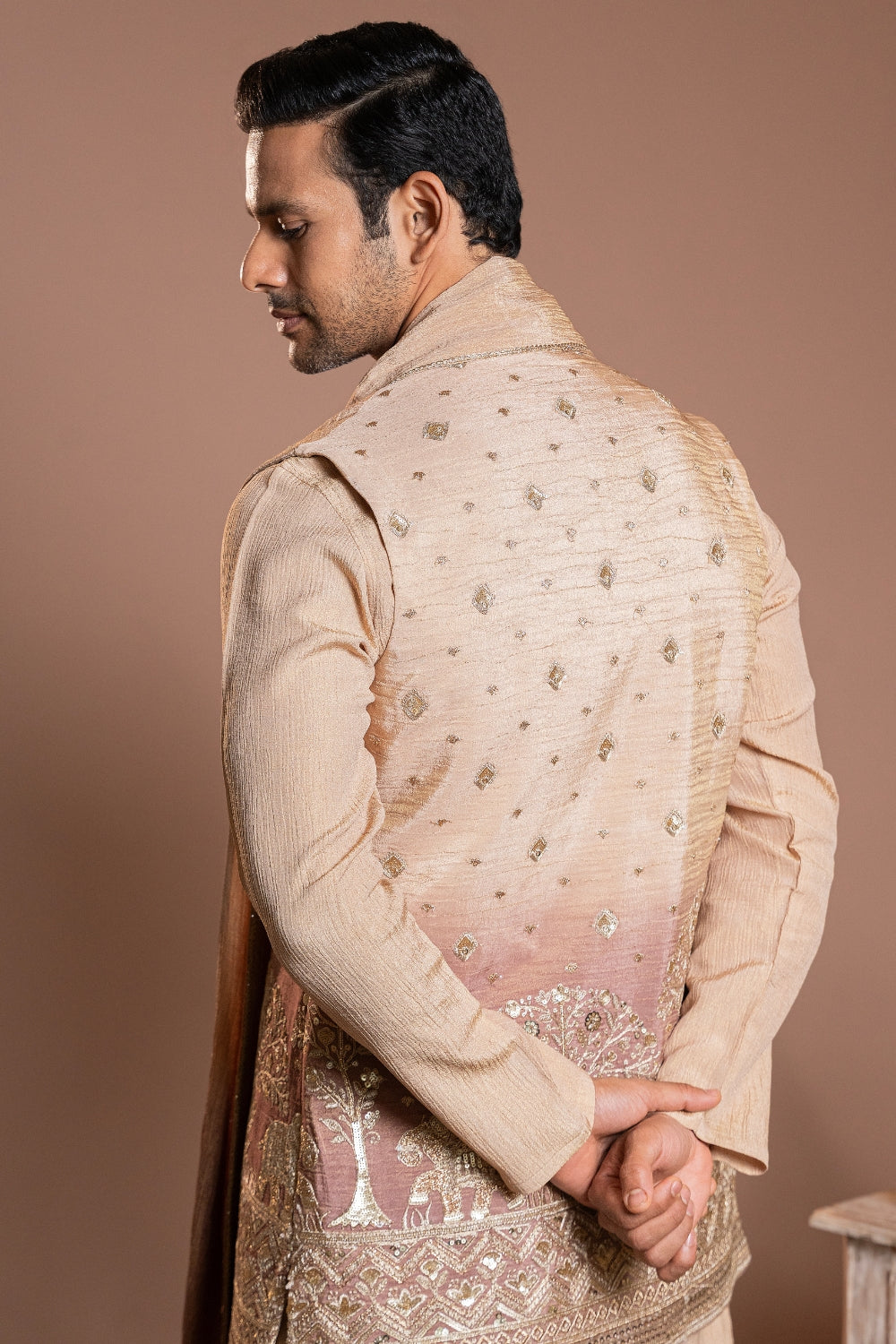 Beige Crepe Tissue Koti Set with Sequins and Embroidery Work