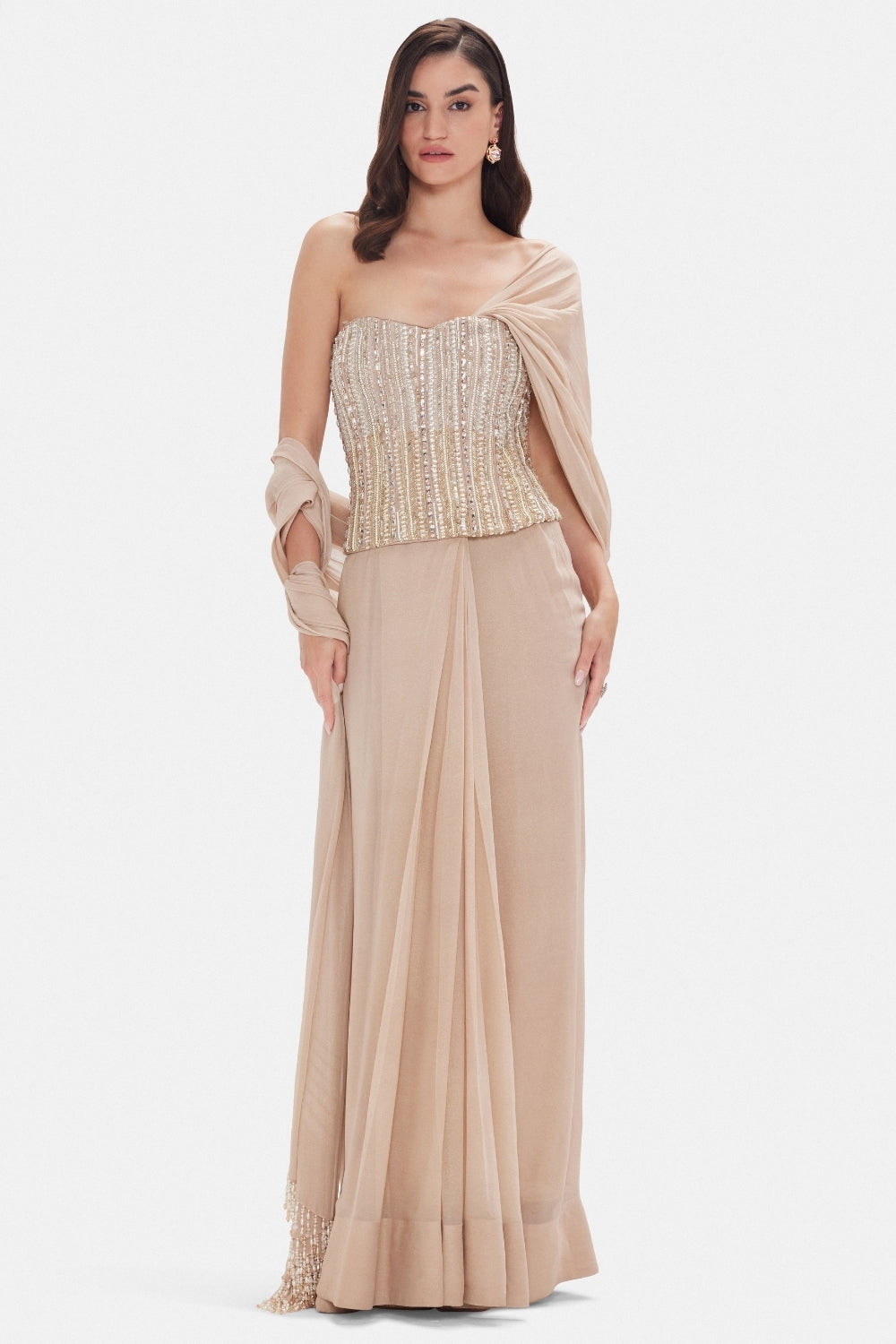 Beige Georgette Drape Co-ord Set Saree with Cutdana and Sequins Work