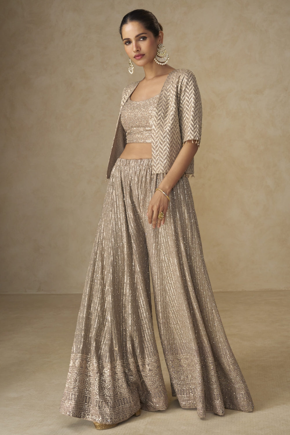 Beige Georgette Palazzo Set with Embroidery and Sequins Work