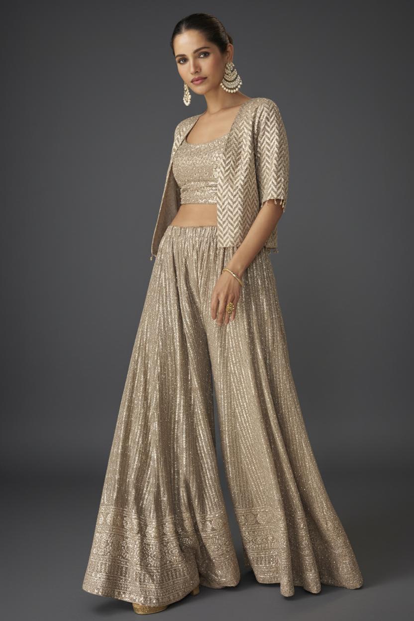 Beige Georgette Palazzo Set with Embroidery and Sequins Work