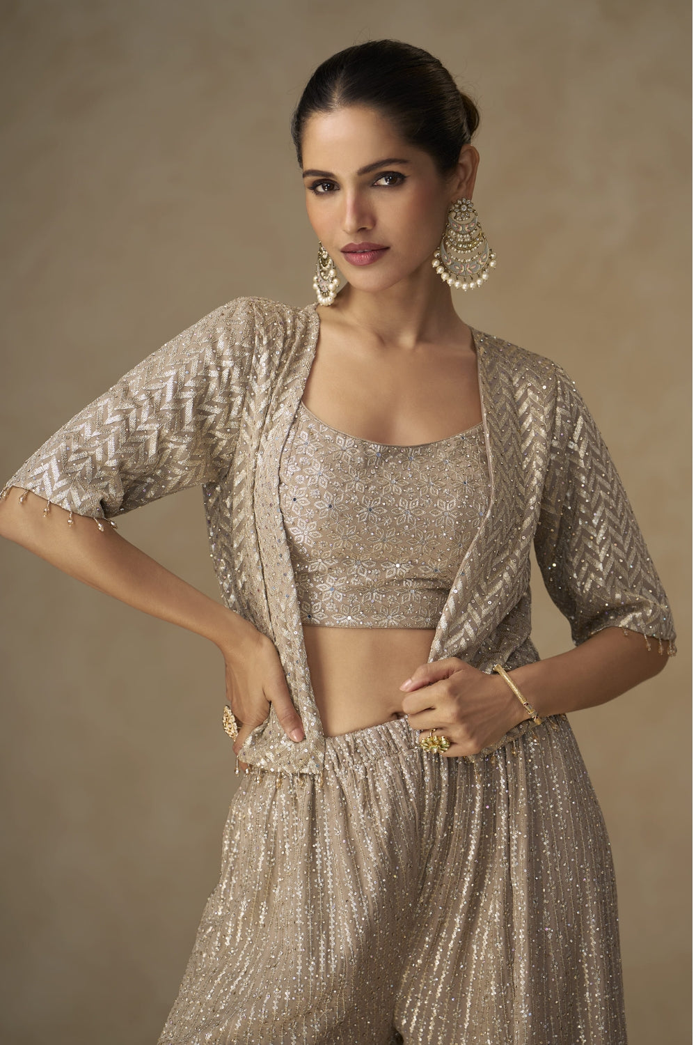 Beige Georgette Palazzo Set with Embroidery and Sequins Work