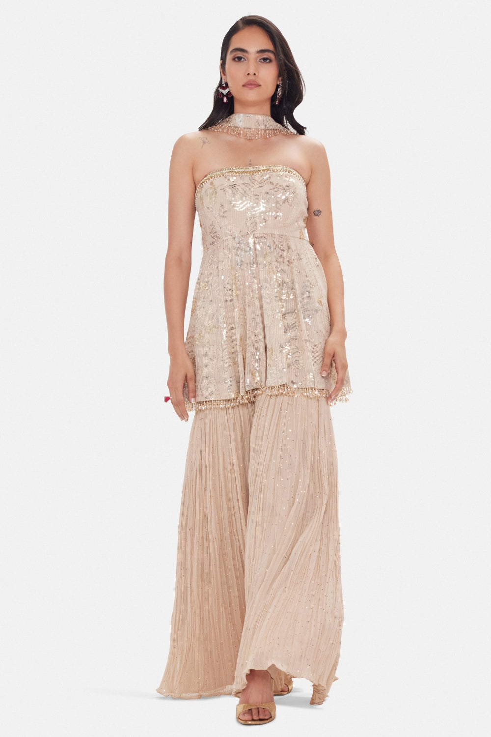 Beige Georgette Pant Set with Cutdana and Sequins Work