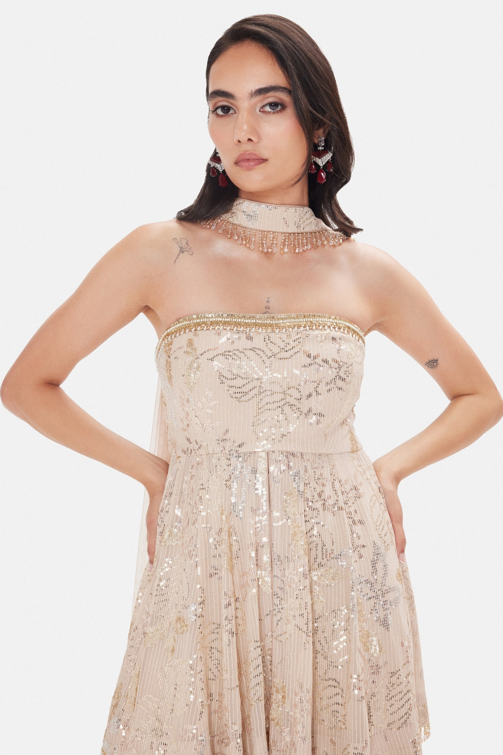 Beige Georgette Pant Set with Cutdana and Sequins Work